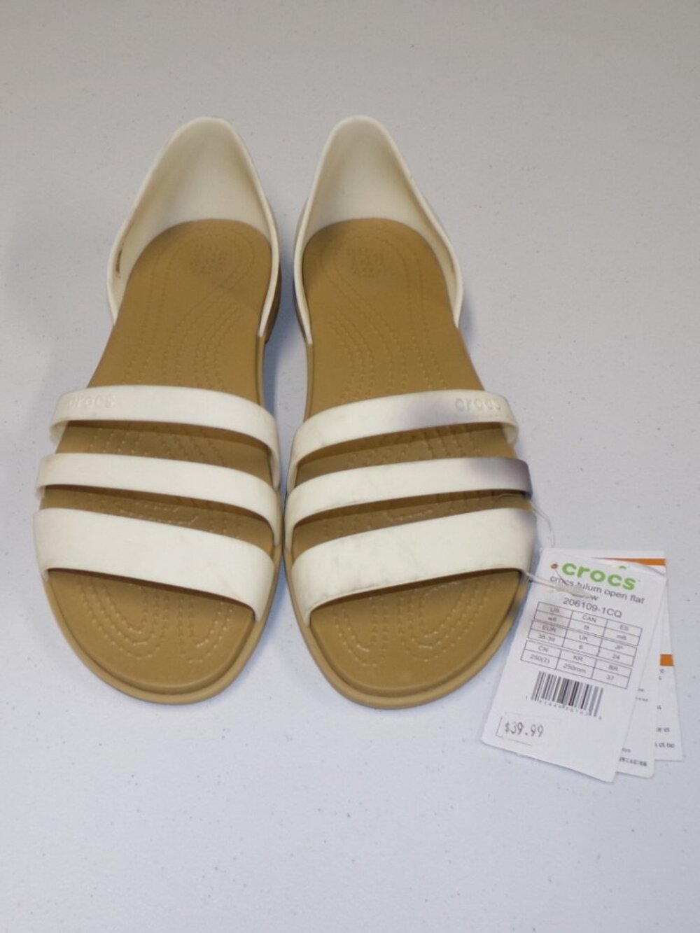 NEW Crocs Tulum Open Flat Cream Strappy Comfort Slip-On Sandals Size 8 FLAWS